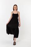 Müslin Kumaş İp Askılı Uzun Boy Rahat Kalıp Kadın Elbise-Siyah