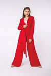 Aerobin Kumaş Uzun Kollu Rahat Kalıp Önü Bağlamalı Kadın Ceket-Kırmızı