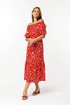 Viscose Fabric Short Sleeve Boat Neck Midi Comfy Flower Print Women Dress - Red