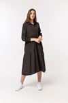 Soft Fabric Long Sleeve Shirt Collar Midi Oversize Women Dress - Black