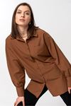 Soft Fabric Balloon Sleeve Below Hip Oversize Women'S Shirt - Brown