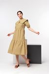 Short Sleeve Peter Pan Collar Midi Comfy Fit Women Dress - Mustard