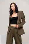 Licra Fabric Long Sleeve Revere Collar Hip Height Classical Women Jacket - Khaki 
