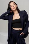 Licra Fabric Long Sleeve Revere Collar Hip Height Classical Women Jacket - Navy Blue 