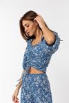 Viscose Fabric Long Sleeve V-Neck Comfortably Fit Floral Pattern Blouse - Blue