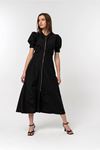 Soft Fabric Short Sleeve Zip Neck Midi Women Dress - Black