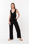 Licra Fabric V-Neck Maxi Wide Pattern Back Pocket Women Overalls - Black