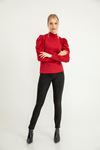 Melange Fabric Balloon Sleeve Roll Neck Full Fit Women Sweater - Red