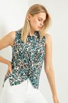 Jessica Fabric Sleeveless Shirt Collar Leopard Print Blouse - Oil color