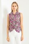 Jessica Fabric Sleeveless Shirt Collar Leopard Print Blouse - Fuchıa