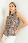 Jessica Fabric Sleeveless Scarf Collar Leopard Print Blouse - Chanterelle 