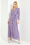 Viscose Fabric Long Sleeve V-Neck Long A Cut Flower Print Belted Women Dress - Purple