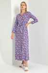 Viscose Fabric Long Sleeve Shirt Collar Long Flower Print Belted Women Dress - Purple