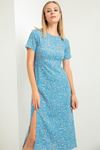 Short Sleeve Bicycle Collar Flower Print Women Dress - Blue