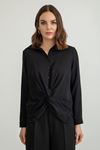 Jesica Kumaş Uzun Kol  Klasik Önü Düğümlü Kadın Gömlek-Siyah