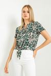 Jessica Blouse Short Sleeve Shirt Collar Leopard Print With Tie Front Blouse - Green