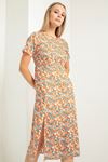 Chiffon Fabric Short Sleeve Bicycle Collar Midi Floral Print Women Dress - Orange