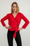 بلوزة نسائية قماش جيسيكا ذراع طويلة طوق القميص طول الورك - أحمر