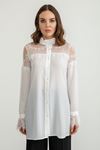 Jesica Fabric Ruffled Neck Laced Shoulders And Sleeves Women Tunic - Ecru