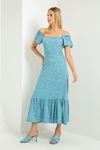 Viscose Fabric Short Sleeve Boat Neck Midi Crispy Print Women Dress - Light Blue