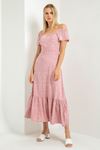 Viscose Fabric Short Sleeve Boat Neck Midi Crispy Print Women Dress - Light Pink