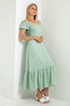 Viskon Kumaş Kayık YakaTam Kalıp Çıtır Desenli Kadın Elbise-Mint