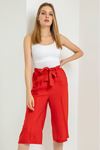 Linen Fabric 3/4 Short Comfy Fit Belted Women'S Trouser - Red