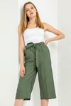 Linen Fabric 3/4 Short Comfy Fit Belted Women'S Trouser - Khaki 