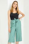 Linen Fabric 3/4 Short Comfy Fit Belted Women'S Trouser - Mint