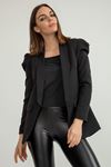 Atlas Fabric Long Sleeve Shawl Collar Below Hip Classical Ruffled Women Jacket - Black