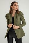 Atlas Fabric Long Sleeve Shawl Collar Below Hip Classical Ruffled Women Jacket - Khaki 