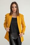 Atlas Fabric Long Sleeve Shawl Collar Below Hip Classical Ruffled Women Jacket - Mustard