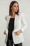 Atlas Fabric Long Sleeve Shawl Collar Below Hip Classical Ruffled Women Jacket - Ecru
