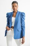 Atlas Fabric Long Sleeve Shawl Collar Below Hip Classical Ruffled Women Jacket - Navy Blue 