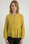 Chiffon Blouse Long Sleeve Bow Tie Neck Loose Fit Blouse - Yellow