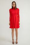 Çelik Örme Kumaş Dik Yaka Diz Üstü Boy Dantelli Astarlı Kadın Elbise-Kırmızı