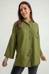 قميص نسائي قماش ايروبين ذراع طويلة طوق القميص تحت الحوض حجم كبير - اخضر غامق