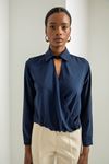 Jessica Fabric Long Sleeve Shirt Collar Women Blouse - Navy Blue 