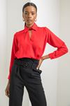 джессика ткань длинный рукав V-образный вырез женская блузка - Kрасный