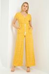 Viscon Fabric Short Sleeve V-Neck Wide Crispy Print Tassel Women Overalls - Mustard