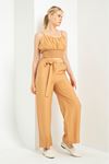 Linen Fabric Long Wide Belted Women'S Trouser - Light Brown