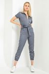 Erika Fabric Short Sleeve Ankle Length Zip Belted Women Overalls - Grey