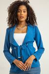 Aerobin Fabric Long Sleeve Shawl Collar Hip Height Tied Front Women Jacket - Blue