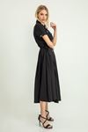 Aerobin Fabric Shirt Collar Midi Laced Pocket Women Dress - Black