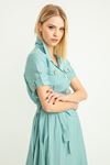 Aerobin Fabric Shirt Collar Midi Laced Pocket Women Dress - Mint