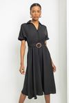 льняный ткань отложной воротник Женское платье с эластичными рукавами - Чёрный