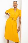 Linen Fabric Short Sleeve Shirt Collar Elastic Women Dress - Mustard