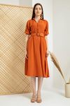 льняный ткань отложной воротник Женское платье с эластичными рукавами - Оранжевый
