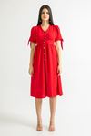 Aerobin Kumaş Kolu Bağcıklı V Yaka Diz Altı Boy Kadın Elbise-Kırmızı
