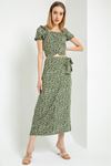 Viscose Fabric Midi Straight Crispy Floral Print Tied Women'S Skirt - Khaki 